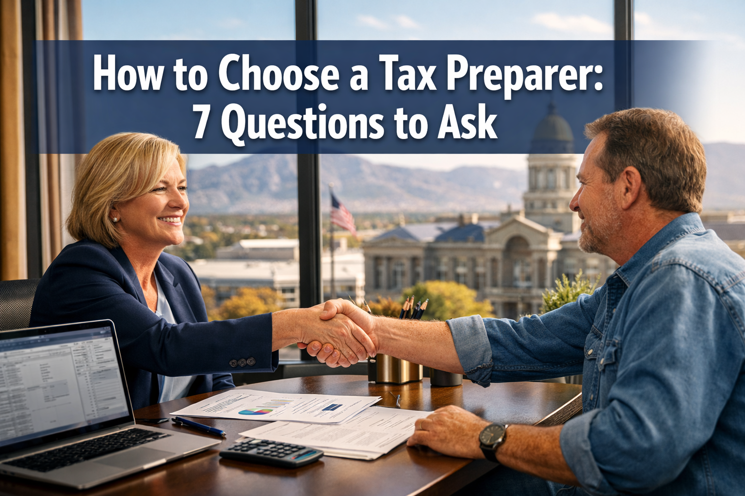 Professional landscape format (1536x1024) hero image featuring bold text overlay 'How to Choose a Tax Preparer: 7 Questions to Ask' in extra